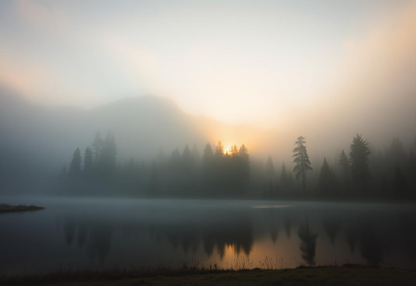 Sonnenaufgang über einem stillen Bergsee in Tirol